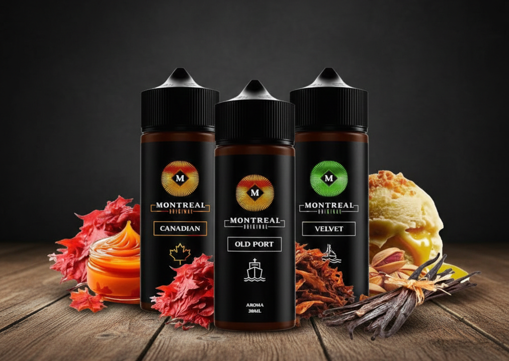 Set premium de lichide Montreal Original (Canadian, Old Port, Velvet) prezentate pe o masă de lemn, cu elemente vizuale de frunze de arțar, tutun maturat, păstăi de vanilie și fistic, sugerând arome complexe și rafinate.