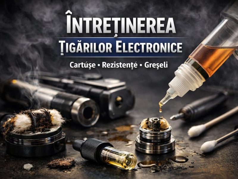 Întreținerea țigărilor electronice: rezistențe arse, cartușe și sticlă cu lichid de vapat, detaliu close-up