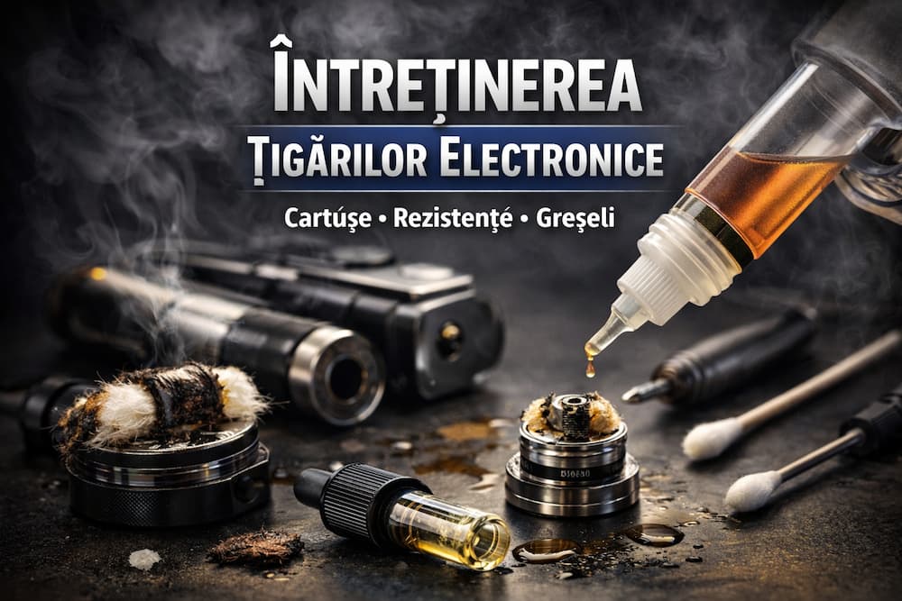 Întreținerea țigărilor electronice: rezistențe arse, cartușe și sticlă cu lichid de vapat, detaliu close-up