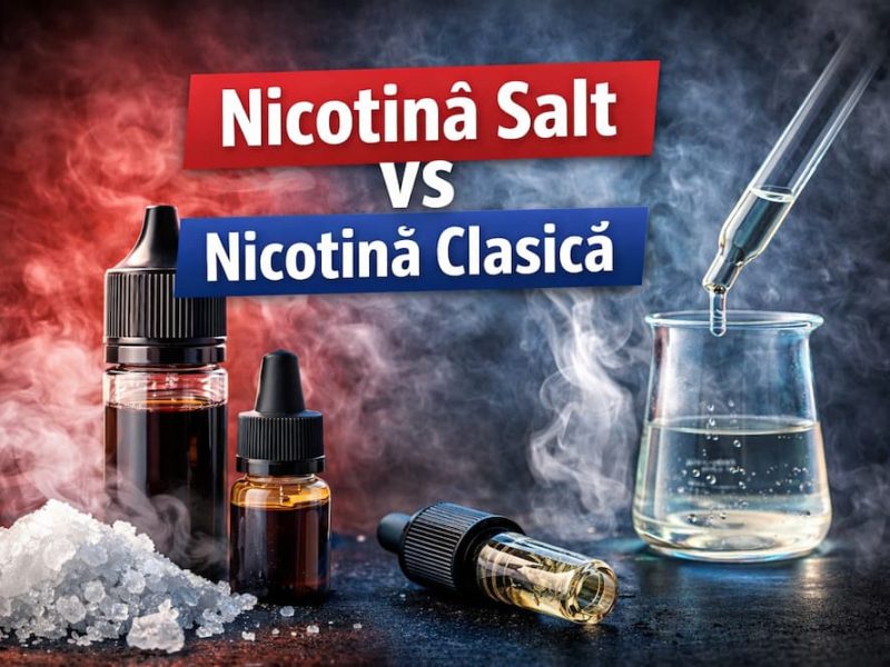 Țigări electronice și lichid de vapat pe fundal întunecat, imagine tip featured pentru ghid de alegere