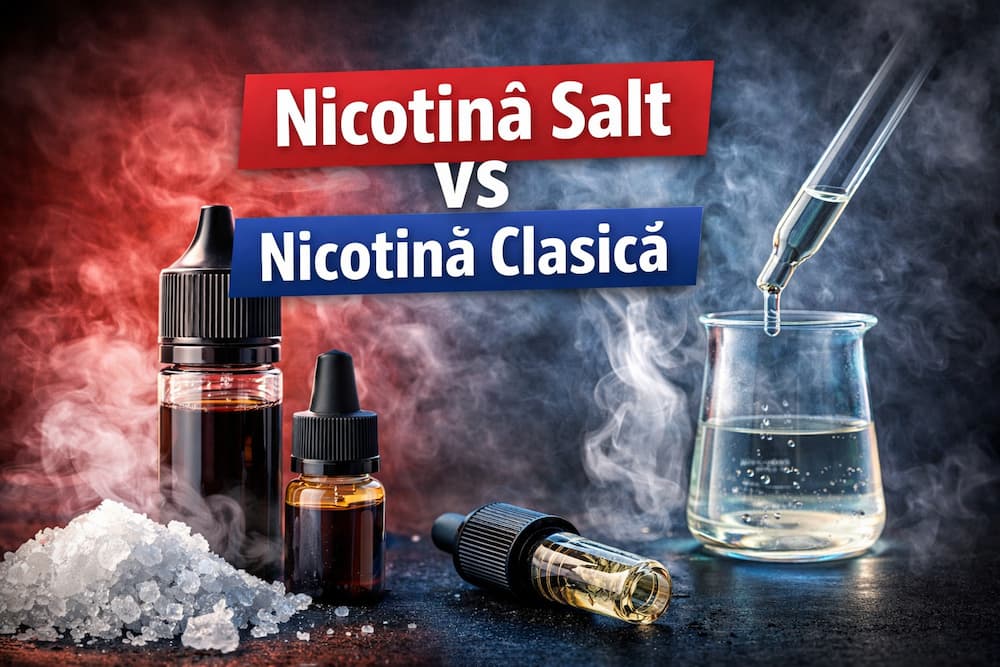 Țigări electronice și lichid de vapat pe fundal întunecat, imagine tip featured pentru ghid de alegere