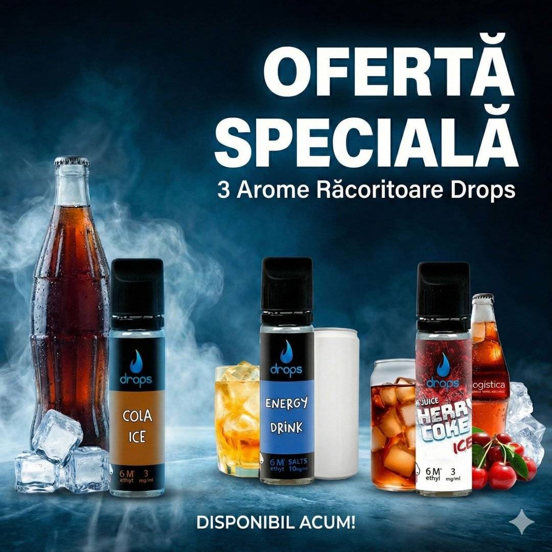 Pachet Promoțional DROPS All In (Nicotină Inclusă) – Trio-ul Răcoritor (Cola, Energy & Cherry)