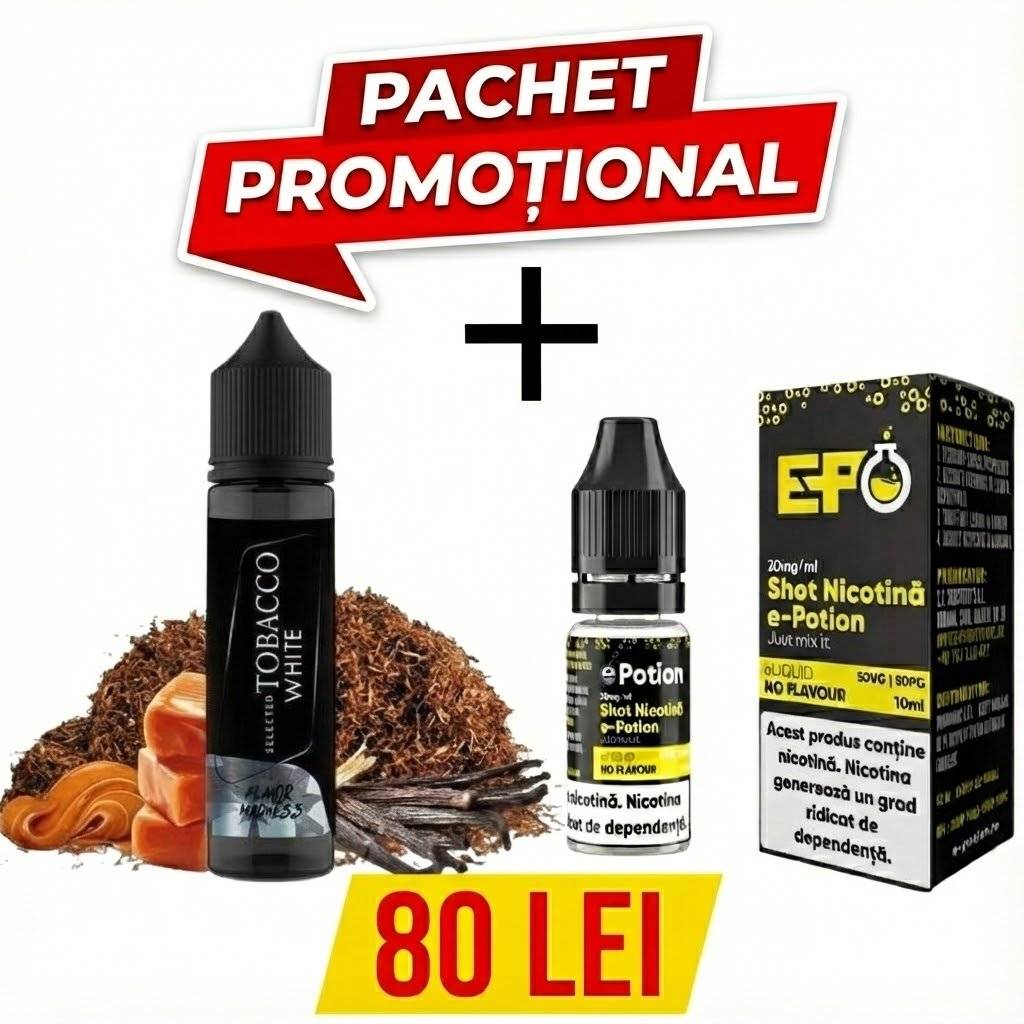 Pachet Promotional  Lichid Flavor Madness - Tobacco White (30ml) + NicShot E-Potion 50/50 (10ml)