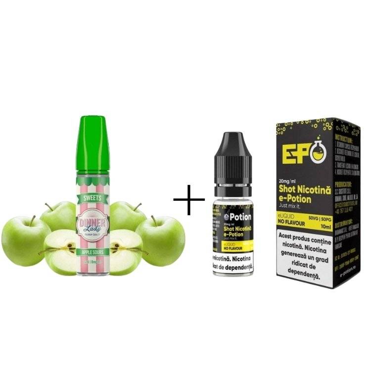 Pachet Promotional Dinner Lady Apple Sours 20ml/60ml + Shot Nicotina E-potion 50/50 20mg