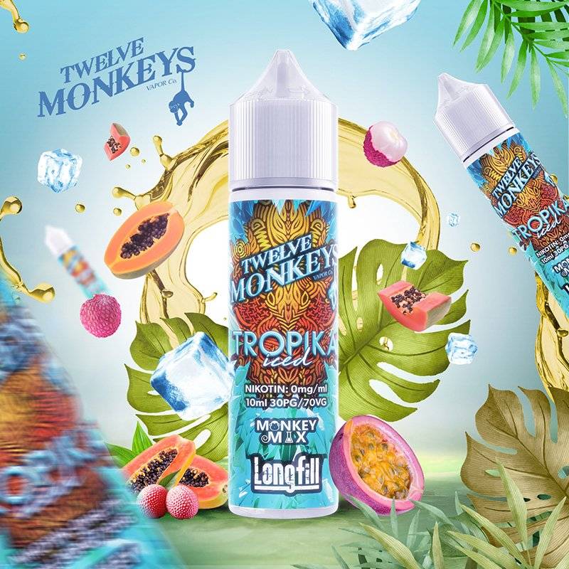Twelve Monkeys- Tropika Iced , Longfill , 10ml/60ml - Lychee, Papaiya, Fructul pasiunii